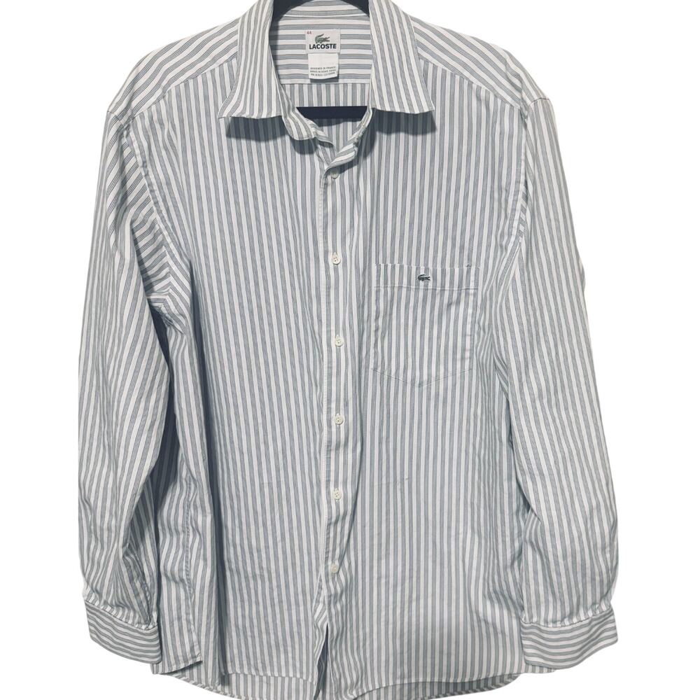 Lacoste Shirt Size 44/XL Blue Stripe Button Up Classic Fit Cotton Long Sleeve